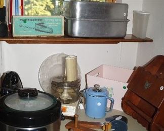 small kitchen appliances, wood hanging racks, roaster