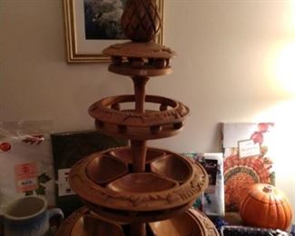 TIKI/ HAWAIIAN 3-TIER MONKEY POD SERVING LAZY SUSAN