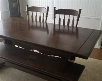 Vintage dark wood dining table chairs and bench