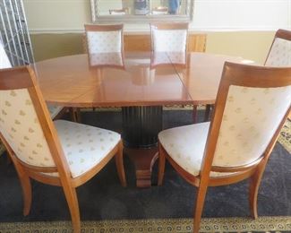ETHAN ALLEN Round Neo-Classic Dining Table on Pedestal Base
6 High Sleigh Back Dining Chairs
H: 30" x W: 56" x D: 56"
