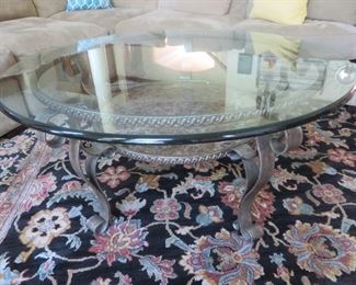 Round Glas Coffee Table with Iron Base
4 Scroll Supports joined by Lower Shelf

