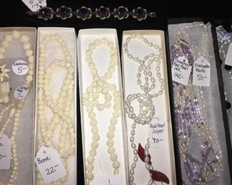Jewelry: Ivory, gold, silver, turquoise, pearl, semi-precious stones, coral, amethyst, costume