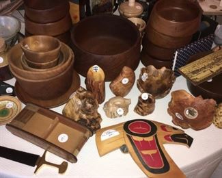 Carved wood – aspen, Kakadu wood vase, birch bowl, carved lizard, white poplar, myrtlewood (Oregon), teak (4 bowls), eagle by Rodney Dick