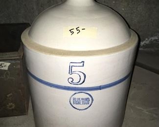 Antique and vintage crockery,  varying sizes, including Blue Band syrup jug, Rockel’s & White, Hau, IL, Blue Band Stoneware;  vintage Blue Band stoneware jug; Connor’s blood remedy stoneware jug