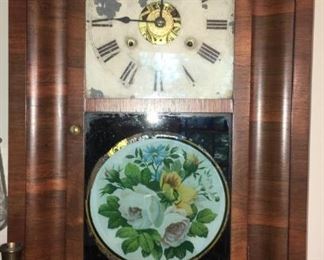 Seth Thomas Ogee wall clock, key wind and set metal dial, reverse painted flowers