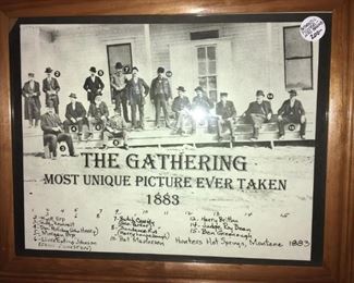 “The Gathering, Most Unique Picture Ever Taken,” Hunters Hot Springs, Montana, 1883, includes Wyatt Earp, Teddy Roosevelt, Doc Holiday, Butch Cassidy, Sundance Kid, Bat Masterson, Judge Roy Bean. Authenticating information behind the photo.