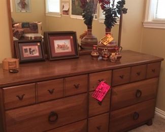 Mid-Century (1953) Solid Elm Double Dresser/Mirror with vintage solid brass hardware.