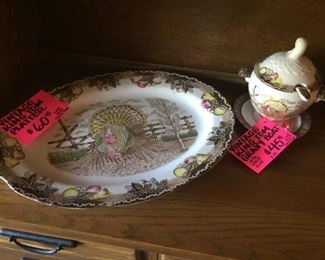 Antique King Tom Turkey Platter & Gravy Boat w/ Ladle. Perfect condition. No flea bites, chips, cracks, or crazing.