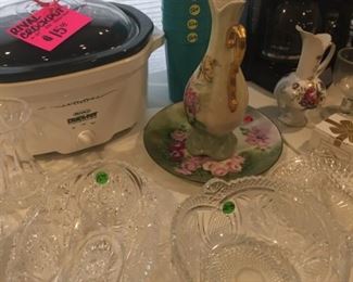 Cut Crystal serving pieces & Antique handpainted Pitcher and Plate.