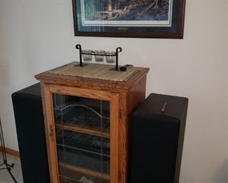 Stereo cabinet with Pioneer and Yamaha components; Terry Redlin framed print "Sharing the Evening"