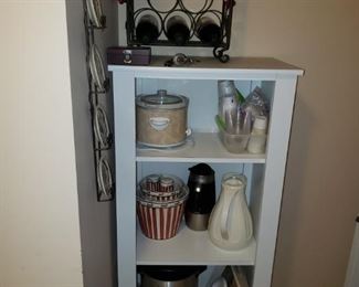 Wood white shelf, misc kitchen items