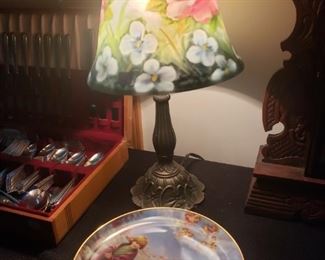 Antique lamp,  plates, silverware