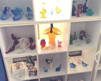 Cabinet full of Fenton Glass Figurines, Wades, Porcelain figurines and much more!