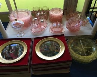 Collection of Pickard Holiday Plates, Pink & Yellow Depression Glass... some unique pieces!