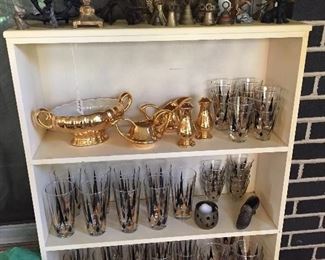 Lots of Mid-Century Modern Glassware, Collection of Brass bells & figurines and Gilded Porcelain Pieces