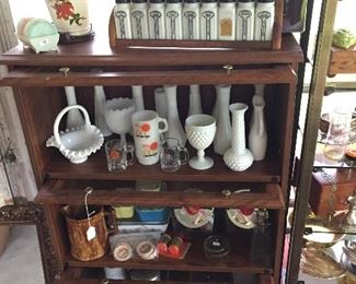 Great vintage set of milk glass spice jars in the original rack, amps, more milk glass, collectibles, vintage kitchen storage contiainers and much more!