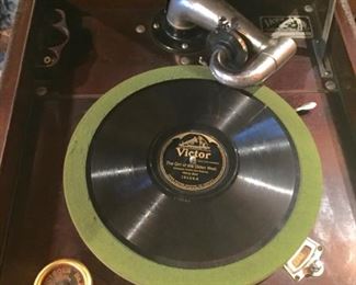 Photo of Top of 1923 Upright Victrola (VV-80) and includes collection of 78s - Works