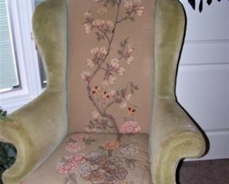 Needlepoint/velvet wing chair