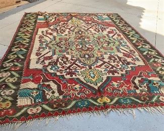 Tribal Rug 7'5" X 10' Native American  "Navajo" style Turkish mid century rugs  - Vintage and Mid Century Scandinavian rugs like this are renowned for the striking abstract geometry of their folk art design. Initially inspired by Turkish rugs in the middle ages, they developed an ornamental vocabulary at times reminiscent of Navajo blankets.A beautiful  frame on  the entire composition of this beautiful vintage mid century modern rug.