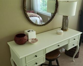 Shabby Chic/Beach Rustic Vanity Cabinet. Oval Mirror. Modern lamp. Vintage Stool.