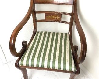 6 chairs, 2 armed 1920 mixed hard wood with brass inlay.