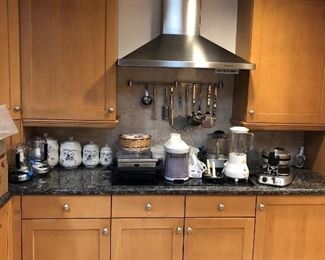 Pots, pans, kitchen equipment, pro waffle iron, kitchen Aid counter mixer etc. jars