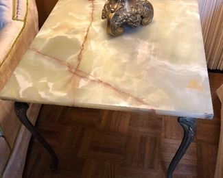 Brass lamp, Italian onyx and brass table.