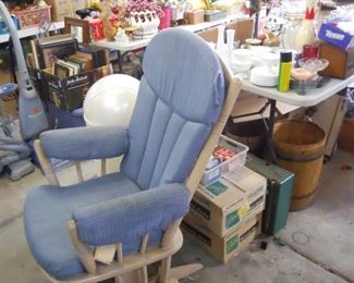 glidder rocker w/ removable cushions, canning jars, 2 wood barrels, milk glass, camp stove, vacumes, carpet cleaners ++