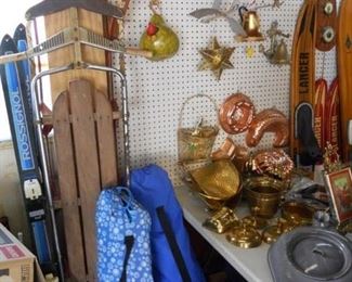 snow skis, pop up chairs, brass and copper decor enamelware++