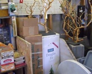 yard storage table, several christmas trees