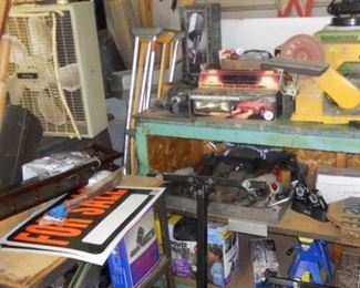 rolling cart, belt sander, drills, trailer hitch part, creeper, signs++