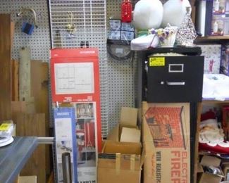 closet rack system, new in box doors and shelf to assemble, vintage cardboard fireplace kit new in box, christmas blow mold geese
