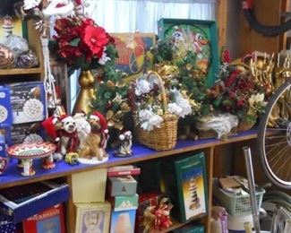 vintage christmas color wheel, looney toons lighted plastic, baskets of silk florals, gold deer, mini trees,lighthouses,angels ++