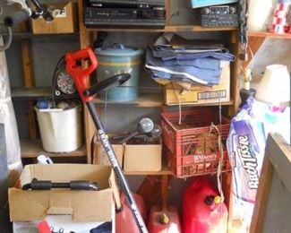 edger, 2 bike carrier,vinyls, gas cans, wheels, box full of vinyle fabric