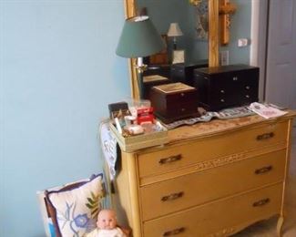 antique dresser top need work, antique childs rocker, jewelry boxes