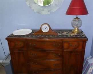 china hutch , vintage mantle clock, crystal lamp, mirror