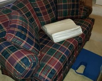 Plaid sofa and loveseat