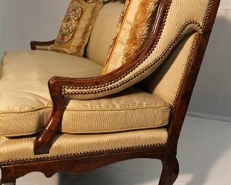 18th c. Italian Settee in Walnut,  masterfully upholstered in custom silk with trim, including two needlepoint and fringed pillows 