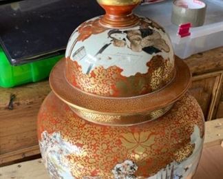 JAPANESE KUTANI ENAMELED PORCELAIN URN AND COVER , Late 19th very early 20th Century.  Nicely enameled with courtesans contraposed in a garden landscape amid maple and pine; subsequently mounted as a lamp.  Condition: Drilled and electrified as a Lamp with Shade