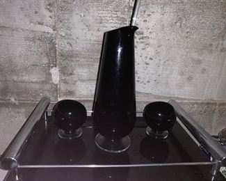 Art Deco Black Glass and Chrome Bar Set