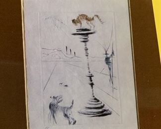 SALVADOR DALI ETCHING, Signed, numbered 151/250, etching #6 by Salvador Dali, hand signed , Suites Shakespeare II, Taming of the Shrew.    Salvador Dali Taming of the Shrew is a single drypoint engraving. It is from the suite “Shakespeare II.” The suite is based on works by William Shakespeare. Dali signed the engraving. This is the second in the Shakespeare series. The first is “Much Ado About Shakespeare.” This suite contains 16 drypoint etchings. We are splitting up the suite, so this engraving is available if noted as such below. We have the engraving and it is authentic.  Verification of Authenticity  available. 
