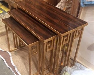 Designer Perfect Nest of Three Tables, Gilded  Wrought Iron  bases with exotic Wood Tops