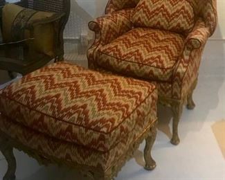 Custom Designer Wing Back Upholstered Arm Chair with Ottoman, frames beautifully carved and gilded