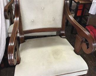Pair of Early 19th c Edwardian Mahogany Arm Chairs with Suede Upholstery