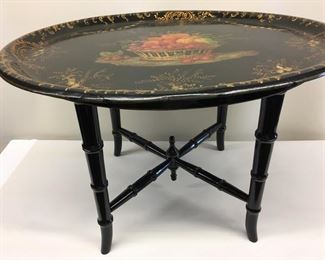 19th c  English Oval Papier Mache Tray on Custom Faux Bamboo stand of later date