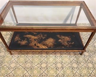 Designer Gilded and Black Lacquer Cocktail Table with Glass top