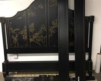 "A FRENCH ROCOCO STYLE CHINOISERIE
DECORATED BED STAY, By Baker Furniture. This is their  Custom Design 
The nicely arched and fielded headboard graffito-carved and
lightly gilded with birds amid flowering prunus on a rich
ebonized ground; the stay composed of:
a boldly arched headboard,
67 inches high x 74 inches wide
a low footboard;
two side rails.
Condition: Very good."    **We also have available a handsome ebonized Linen Press that would accompany this bed to perfection 