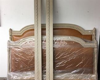 French King Size Carved Bed Stay in cream glazed finish and upholstered in Rich Carmel Leather