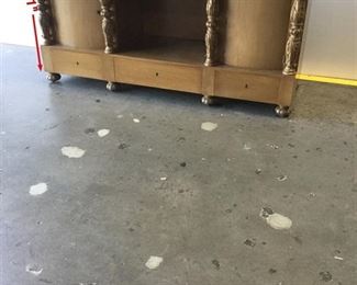 WALNUT SIDE BOARD IN THE RENAISSANCE REVIVAL STYLE.   Loosely en Suite with the preceding.  Makers tag from Toby Handmade Furniture, Established 1856, Chicago . Fitted with a pair of hinged convex doors alter with four double baluster styles carved with radiating acanthus; the frieze fitted with four drawers. Condition; Refinished; some stains and marks .  * In Suite with Dining Table, Set of Chairs and Console Table