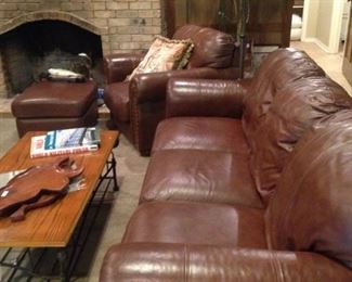 Brown leather sofa and matching chair & ottoman